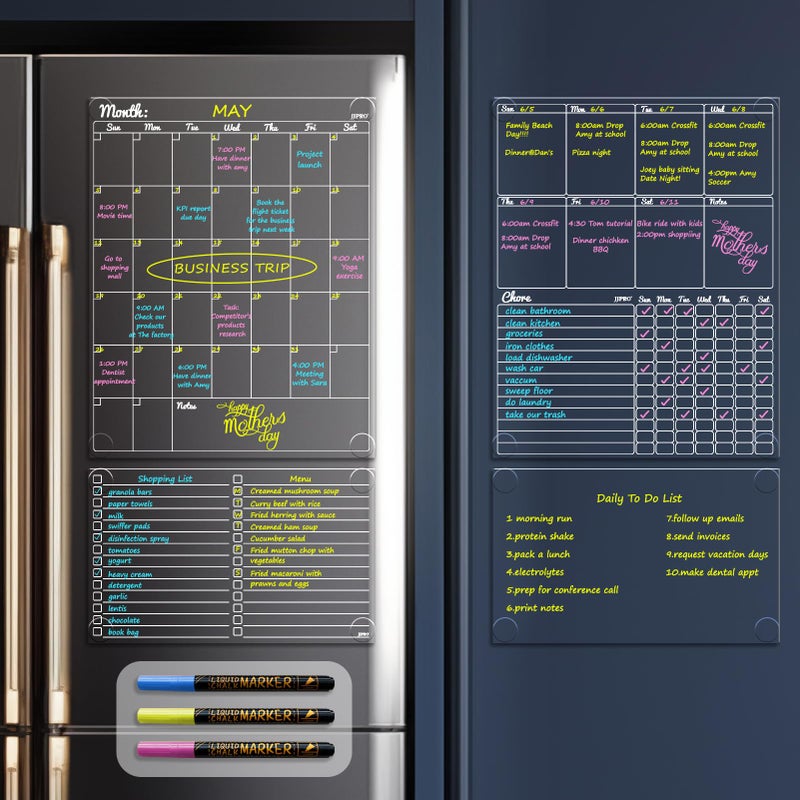 JJPRO Non-Magnetic Dry Erase Calendar - Monthly & Weekly Chart, List & Blank Board for Smooth Surfaces. Clear Reusable Calendar Sticks to Fridge, Cabinet, Door & Glass - Image 1