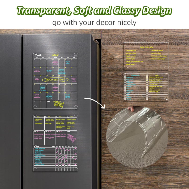 JJPRO Non-Magnetic Dry Erase Calendar - Monthly & Weekly Chart, List & Blank Board for Smooth Surfaces. Clear Reusable Calendar Sticks to Fridge, Cabinet, Door & Glass - Image 3