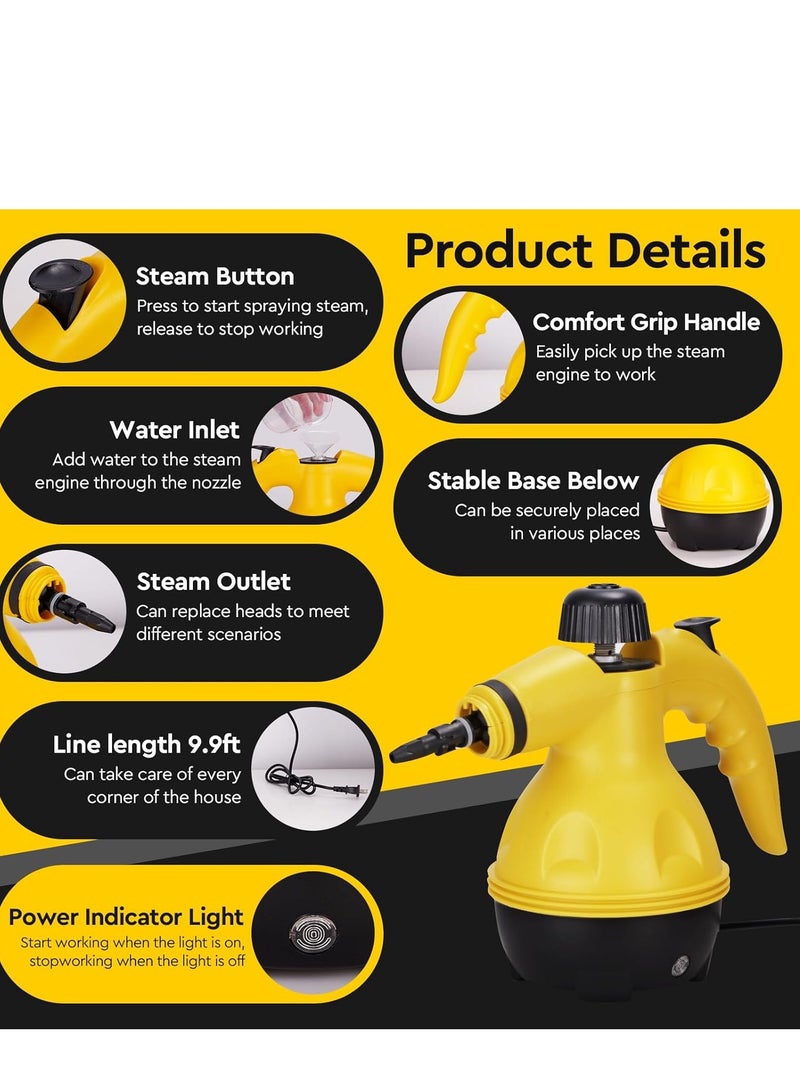 منظف البخار المحمول بقوة 1200 واط متعدد الوظائف الحار عالي مع 9 ملحقات وقفل السلامة وكابل طاقة طويل بطول 2.6 متر، مناسب للمطبخ والأريكة والحمام والنافذة. - Image 2