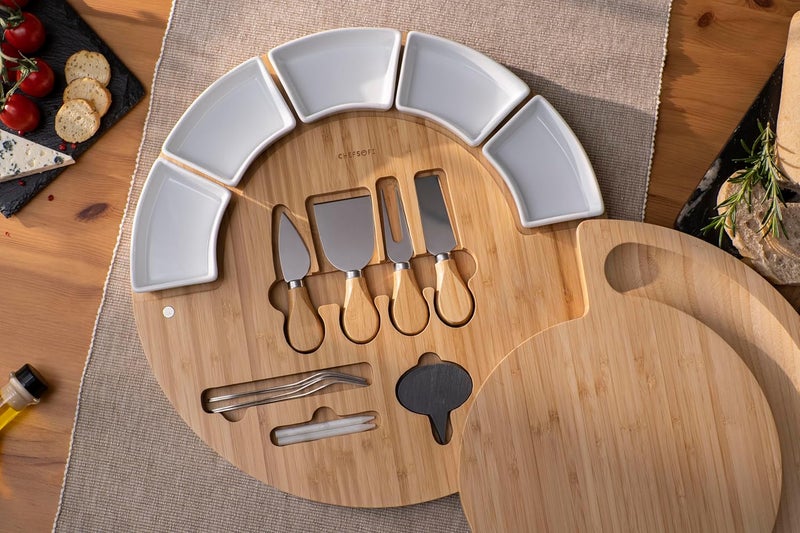 ChefSofi Charcuterie Cheese Board and Platter Set  Made from Bamboo Wood  US Patented 16 inch Cheese Cutting Board and Knife for Entertaining and Serving  4 Knives  5 Bowls  2 Cheese Markers  4 Forks - Image 4