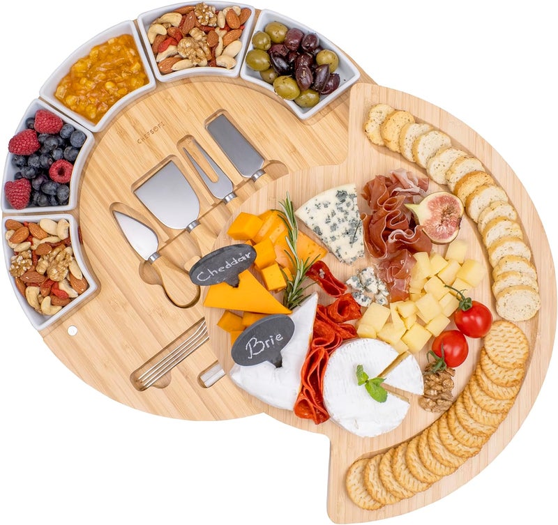 ChefSofi Charcuterie Cheese Board and Platter Set  Made from Bamboo Wood  US Patented 16 inch Cheese Cutting Board and Knife for Entertaining and Serving  4 Knives  5 Bowls  2 Cheese Markers  4 Forks - Image 1