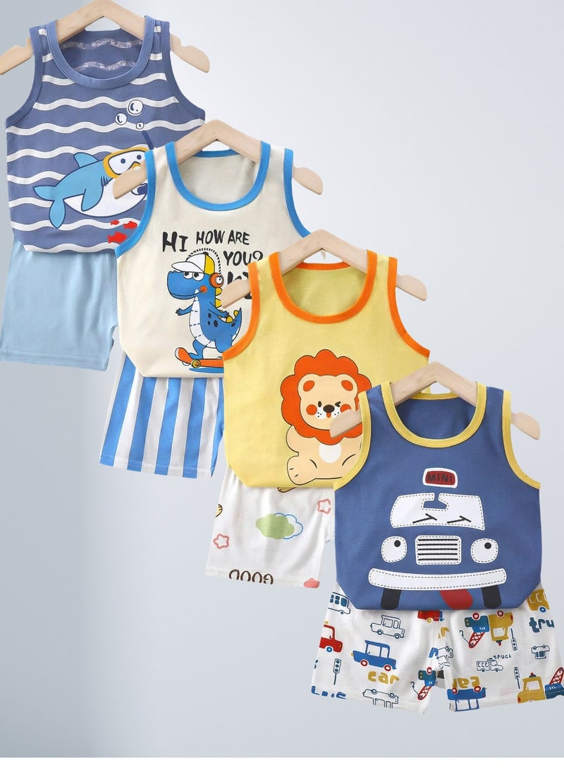 4 boy shorts and short sleeve suits, lion shark dinosaur car cartoon print - Image 1
