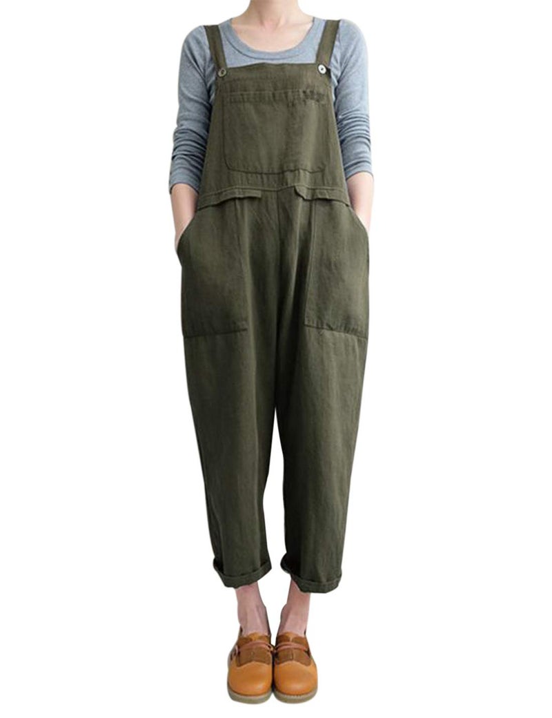 Gihuo Women's Linen Overalls Loose Fit Baggy Bib Overalls Wide Leg Jumpsuit(Army Green, Large) - Image 1