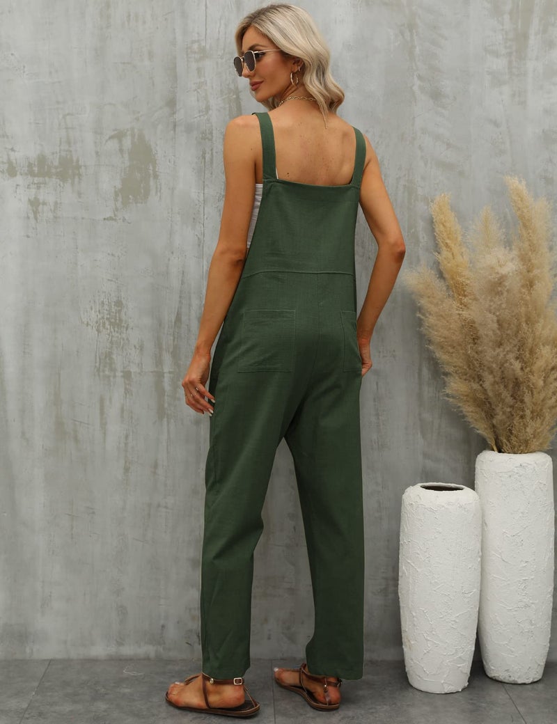 Gihuo Women's Linen Overalls Loose Fit Baggy Bib Overalls Wide Leg Jumpsuit(Army Green, Large) - Image 5