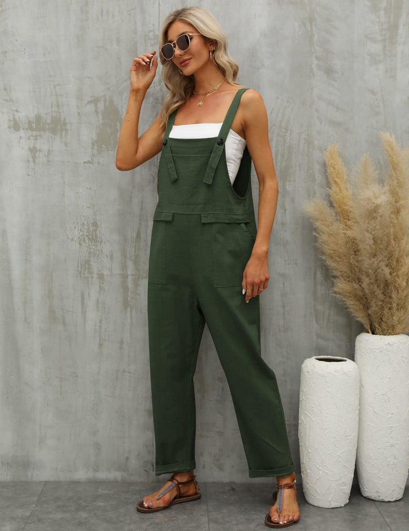 Gihuo Women's Linen Overalls Loose Fit Baggy Bib Overalls Wide Leg Jumpsuit(Army Green, Large) - Image 4