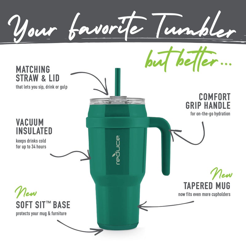REDUCE 40 oz Stainless Steel Tumbler with Handle - Dual-Wall Vacuum Insulated Travel Mug  Sweat-Proof Lid & Reusable Straw - Keeps Drinks Cold for 24 Hrs  Fits Cupholders  Dishwasher Safe - Palm Leaf - Image 3