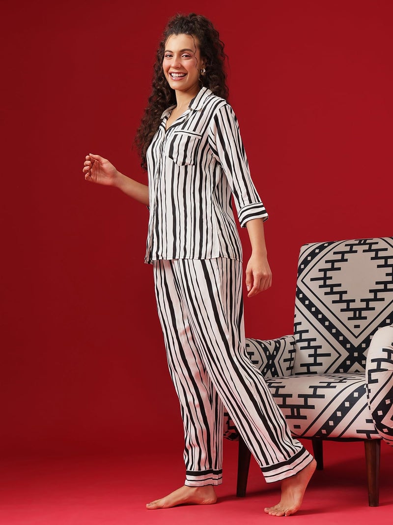 Clovia Women's Cotton Sassy Stripes Button Me Up Shirt & Pyjama (LS0385D18_White_S) - Image 2