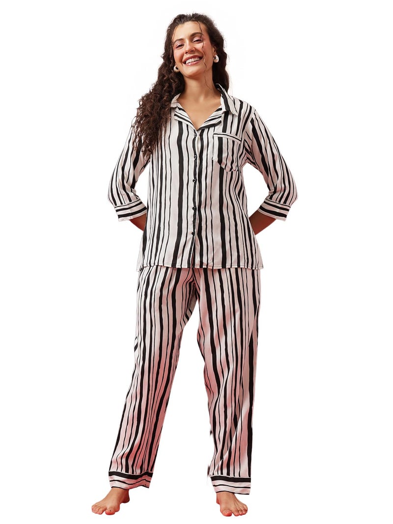 Clovia Women's Cotton Sassy Stripes Button Me Up Shirt & Pyjama (LS0385D18_White_S) - Image 1