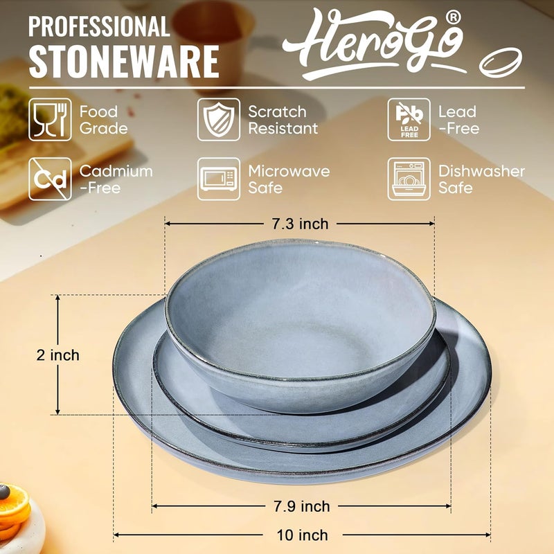 Herogo Stoneware Dinnerware Sets for 6 18 Piece Ceramic Dinner Dishes Set Irregular Handmade Plates and Bowls Dishware Crack and Scratch Resistant Reactive Glaze Smoky Blue - Image 2