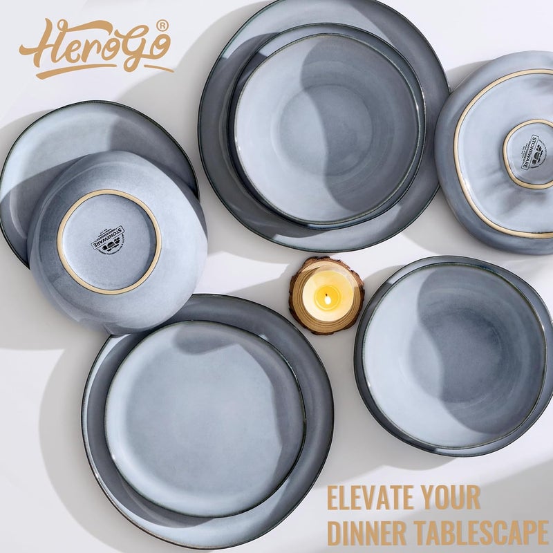 Herogo Stoneware Dinnerware Sets for 6 18 Piece Ceramic Dinner Dishes Set Irregular Handmade Plates and Bowls Dishware Crack and Scratch Resistant Reactive Glaze Smoky Blue - Image 3
