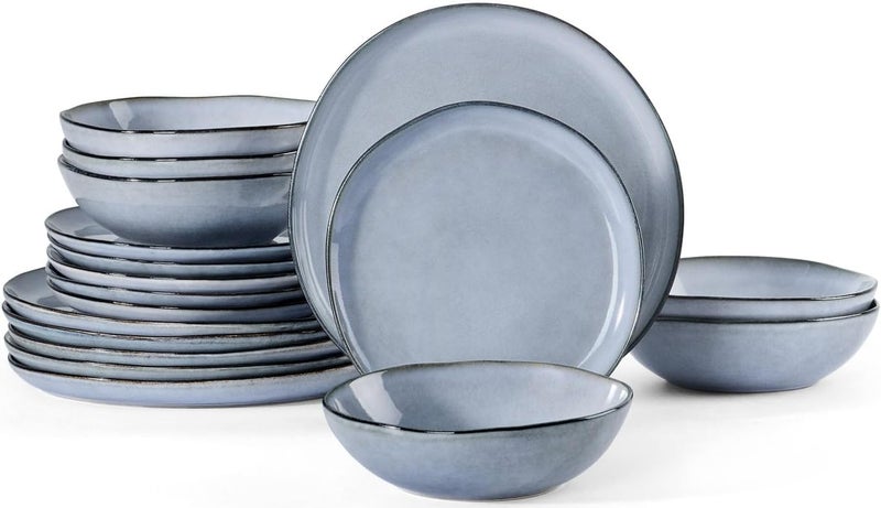 Herogo Stoneware Dinnerware Sets for 6 18 Piece Ceramic Dinner Dishes Set Irregular Handmade Plates and Bowls Dishware Crack and Scratch Resistant Reactive Glaze Smoky Blue - Image 1