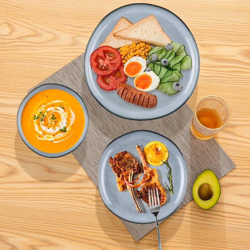 Herogo Stoneware Dinnerware Sets for 6 18 Piece Ceramic Dinner Dishes Set Irregular Handmade Plates and Bowls Dishware Crack and Scratch Resistant Reactive Glaze Smoky Blue - Image 4