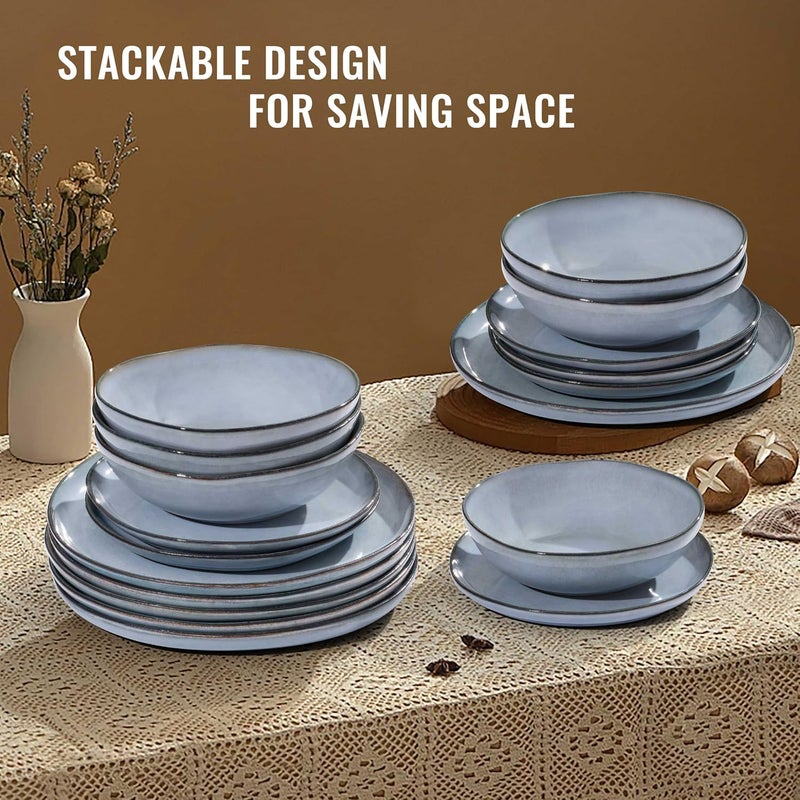Herogo Stoneware Dinnerware Sets for 6 18 Piece Ceramic Dinner Dishes Set Irregular Handmade Plates and Bowls Dishware Crack and Scratch Resistant Reactive Glaze Smoky Blue - Image 5