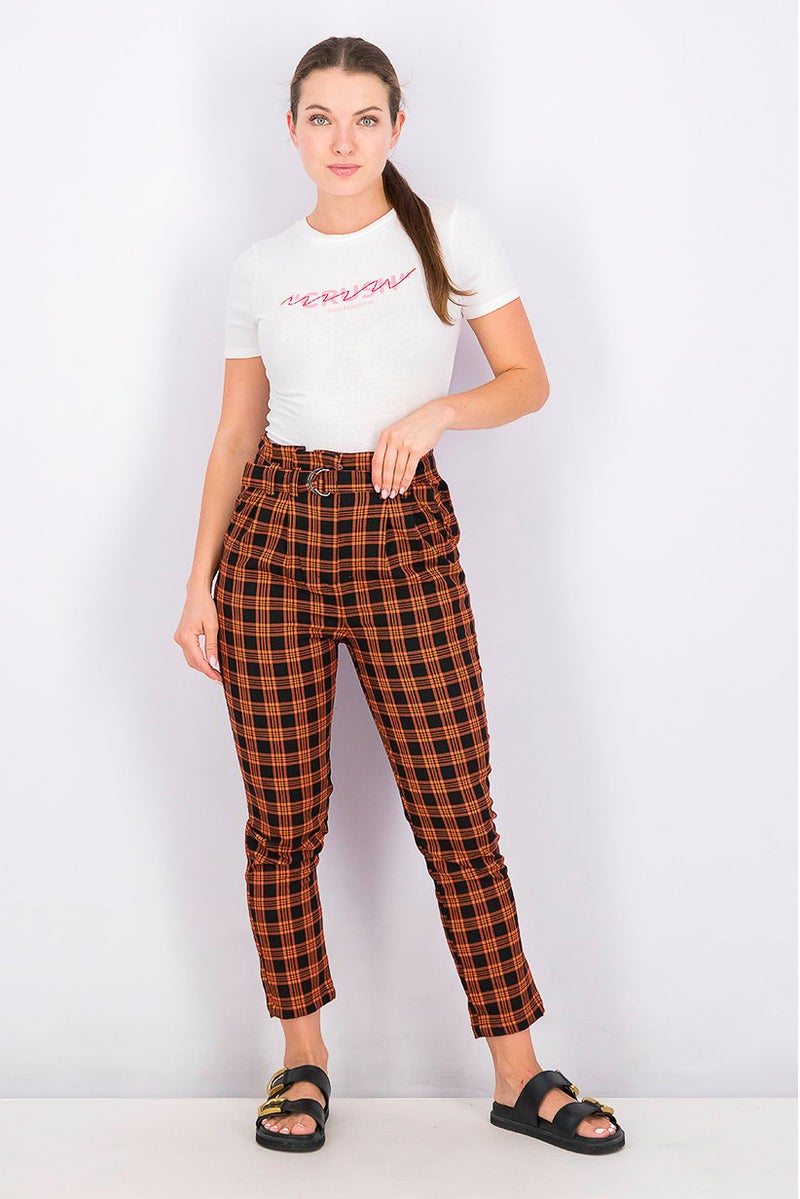 Don't Call Me Jennyfer Women Regular Leg Plaid Pants, Dark Orange - Image 2