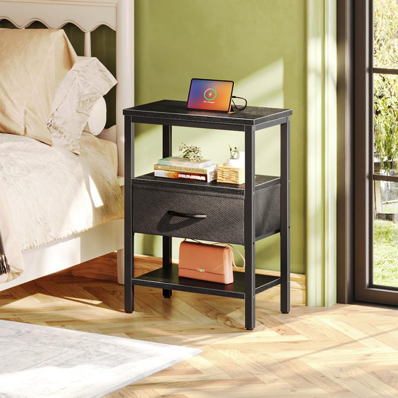 SUPERJARE Nightstand with Charging Station, Bed Side Table with Adjustable Fabric Drawer, Night Stand for Bedroom, 3-Tier Storage End Table, for Living Room, Black - Image 2