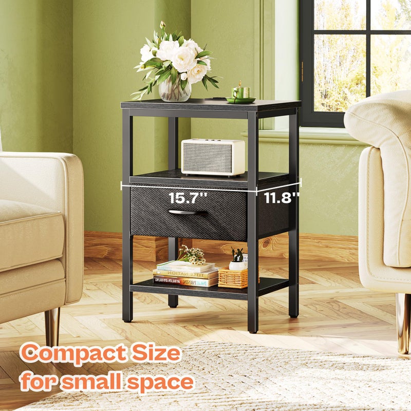 SUPERJARE Nightstand with Charging Station, Bed Side Table with Adjustable Fabric Drawer, Night Stand for Bedroom, 3-Tier Storage End Table, for Living Room, Black - Image 5