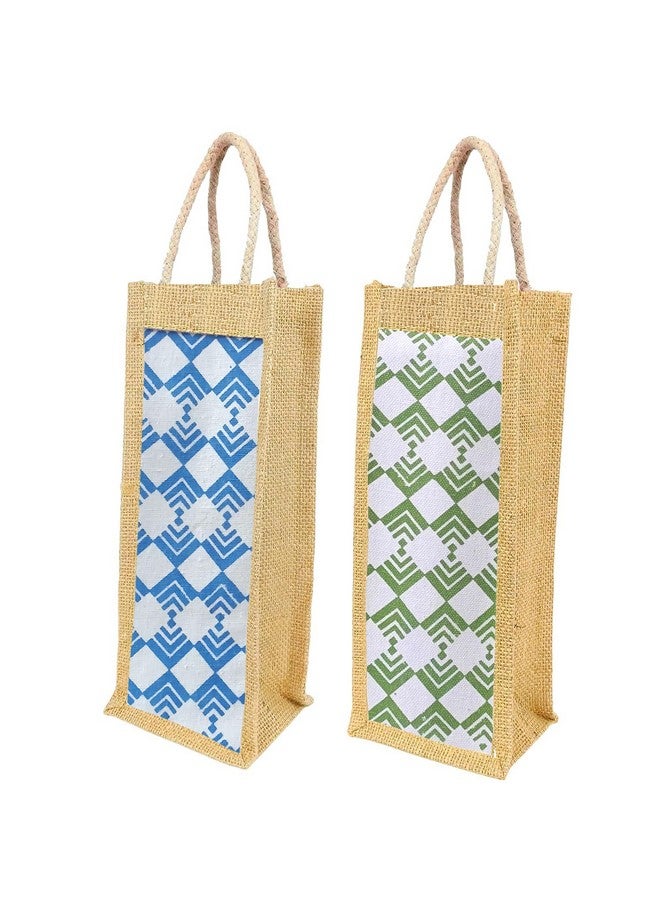 Clapcart Clapcart Fabric Set Of 2 Travel Accessories Waterproof Jute Water Bottle Bags Used As Wine Bottle Gift Bags/Bottle Carry Bags/Water Bottle Cover (Blue And Green Design Print), Multicolor - Image 1