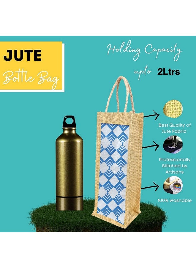 Clapcart Clapcart Fabric Set Of 2 Travel Accessories Waterproof Jute Water Bottle Bags Used As Wine Bottle Gift Bags/Bottle Carry Bags/Water Bottle Cover (Blue And Green Design Print), Multicolor - Image 2
