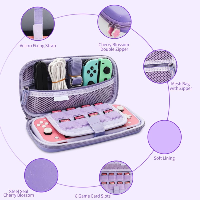 GLDRAM Carrying Case for Nintendo Switch Lite, Accessories Bundle with Purple Sakura Travel Case, Soft TPU Protective Skin Cover, HD Screen Protector, 2 Cute Thumb Grips and Adjustable Shoulder Strap - Image 2