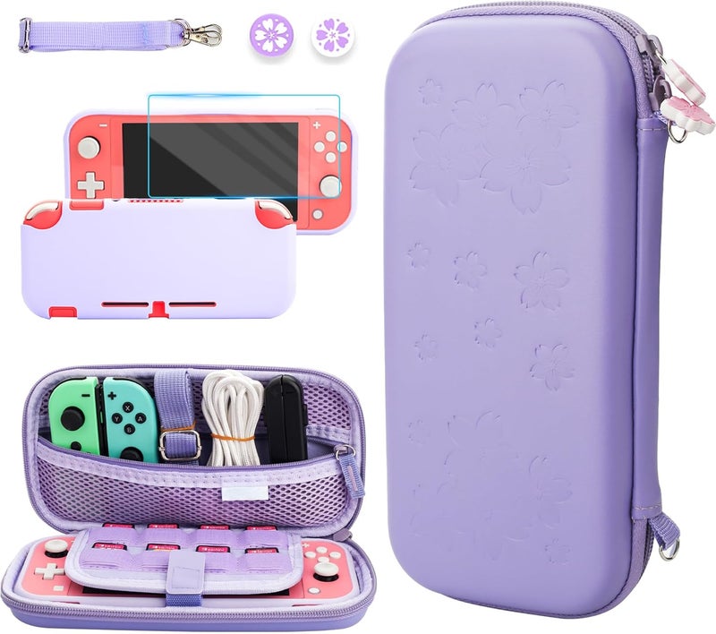GLDRAM Carrying Case for Nintendo Switch Lite, Accessories Bundle with Purple Sakura Travel Case, Soft TPU Protective Skin Cover, HD Screen Protector, 2 Cute Thumb Grips and Adjustable Shoulder Strap - Image 1
