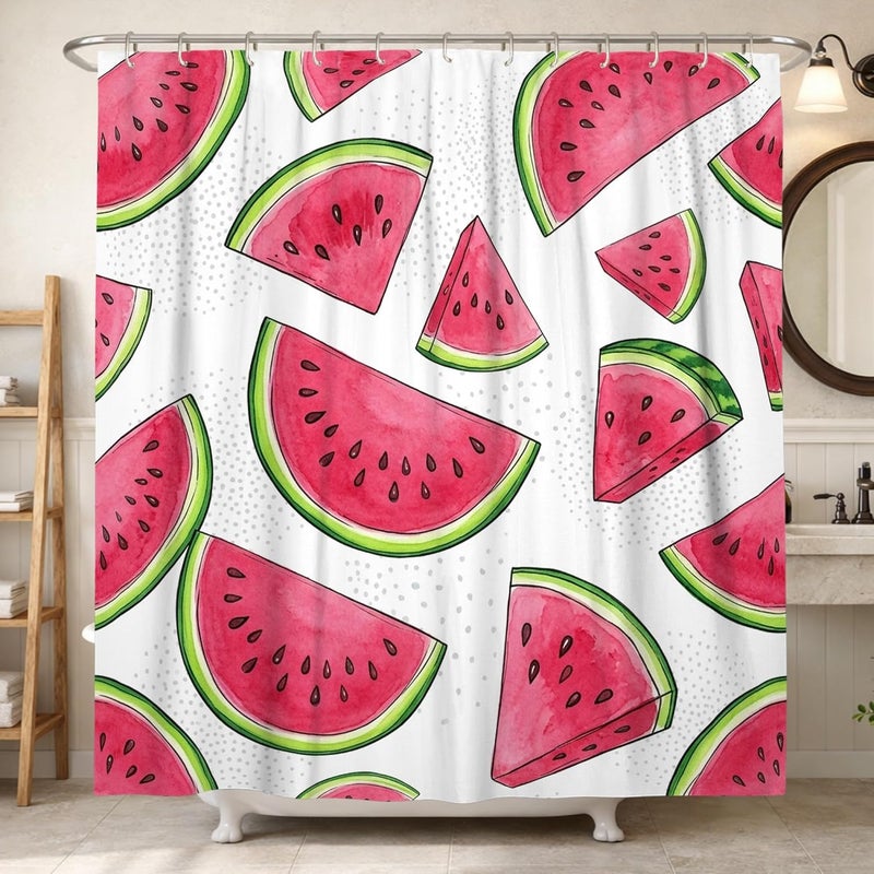 Watermelon Shower Curtain, Summer Playful Slice Seed Summer Peach Washable with Hooks Decorative Bathroom Curtain for Bathroom Toile Guest Room Decor 72x84 Inch - Image 1