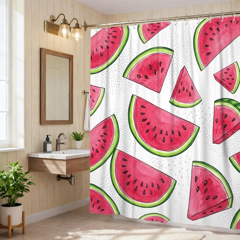 Watermelon Shower Curtain, Summer Playful Slice Seed Summer Peach Washable with Hooks Decorative Bathroom Curtain for Bathroom Toile Guest Room Decor 72x84 Inch - Image 2