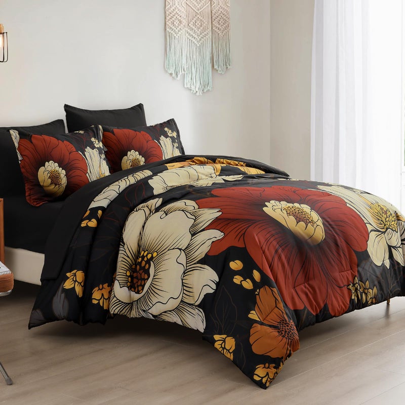 Xruibed Black Floral Comforter Set King Size 7 Pieces Bed in a Bag Flower Bedding Sets Lightweight Boho Bed Set with Sheet,Pillowcases&Shams for All Season - Image 2