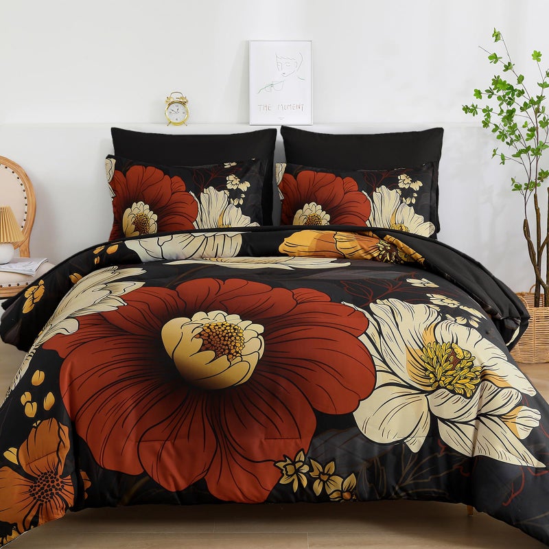 Xruibed Black Floral Comforter Set King Size 7 Pieces Bed in a Bag Flower Bedding Sets Lightweight Boho Bed Set with Sheet,Pillowcases&Shams for All Season - Image 1