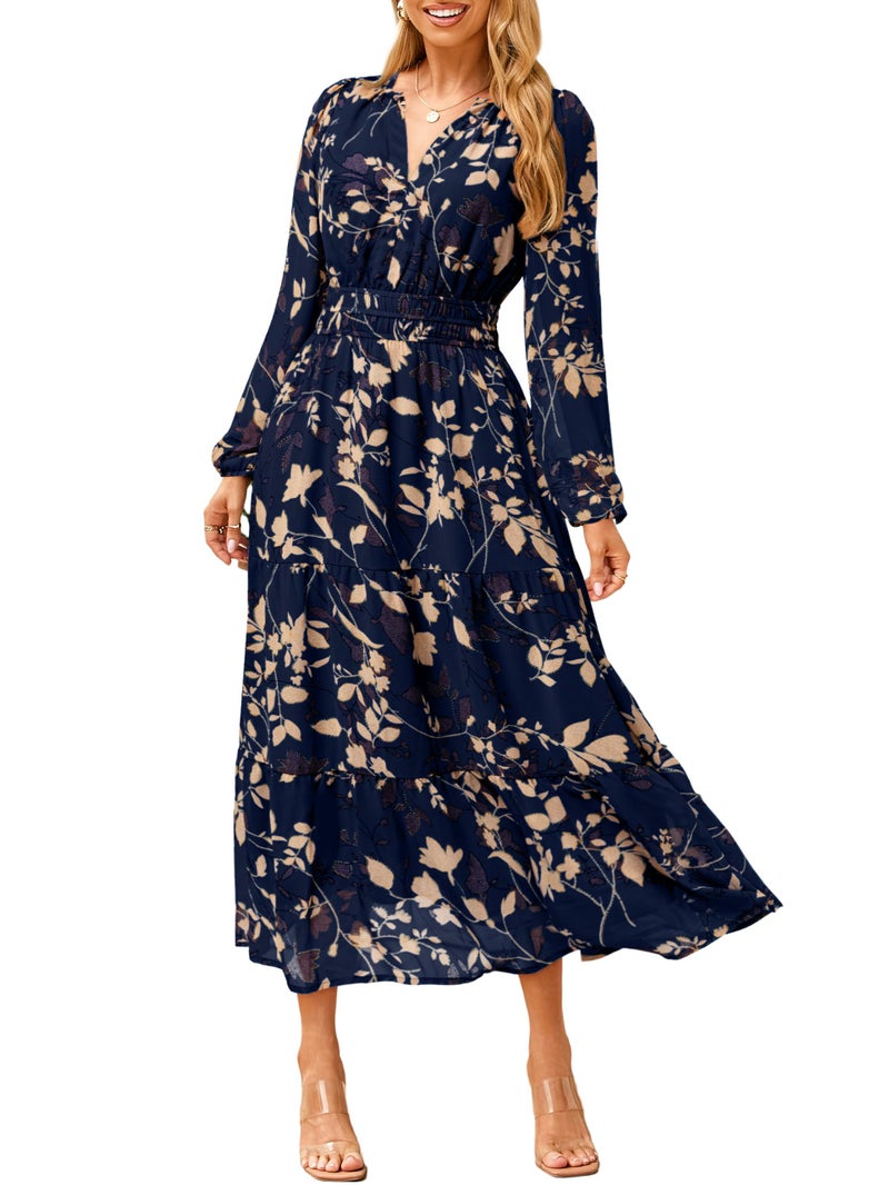 Simplee Women's Floral Boho Long Sleeve Maxi Dress V Neck Empire Waist Swing Flowy Wedding Guest Dress Navy Blue Floral S - Image 1