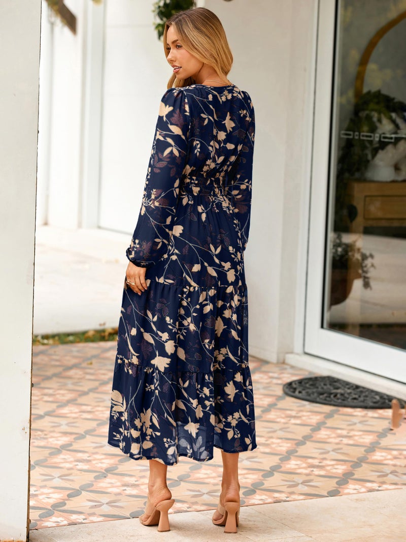 Simplee Women's Floral Boho Long Sleeve Maxi Dress V Neck Empire Waist Swing Flowy Wedding Guest Dress Navy Blue Floral S - Image 5