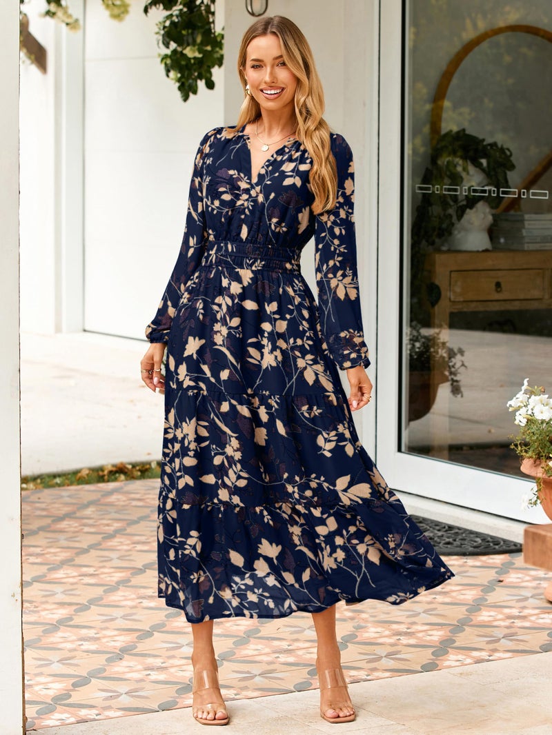 Simplee Women's Floral Boho Long Sleeve Maxi Dress V Neck Empire Waist Swing Flowy Wedding Guest Dress Navy Blue Floral S - Image 3