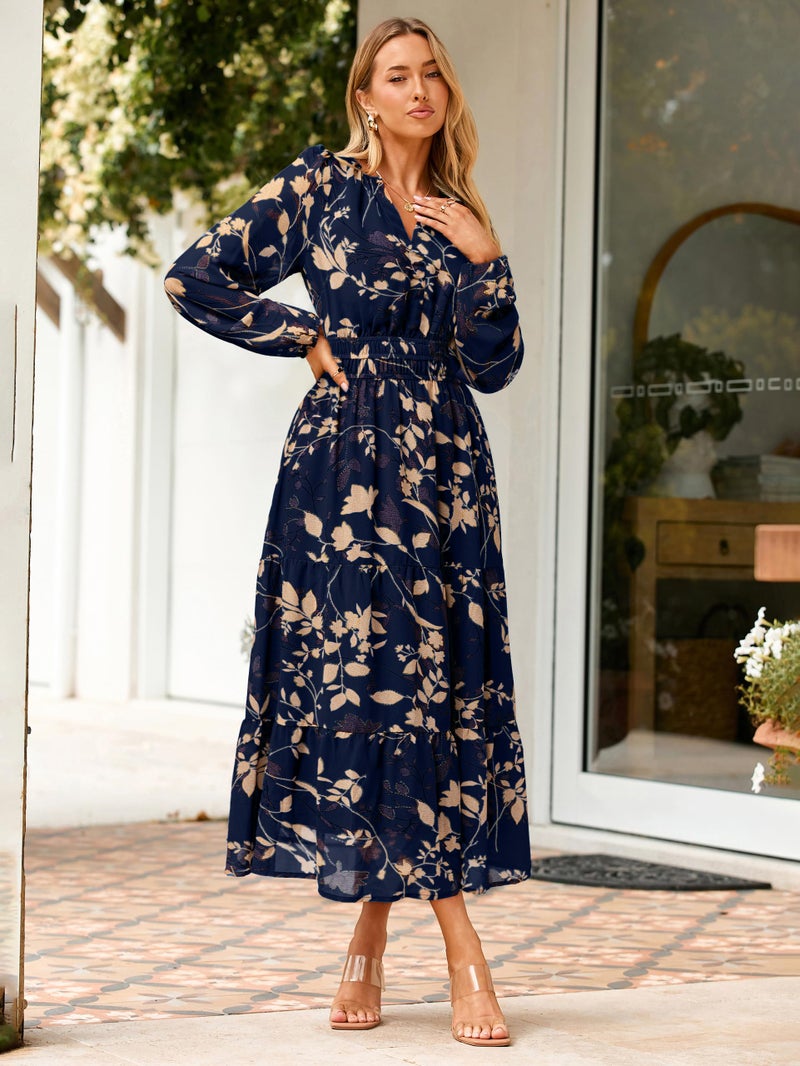 Simplee Women's Floral Boho Long Sleeve Maxi Dress V Neck Empire Waist Swing Flowy Wedding Guest Dress Navy Blue Floral S - Image 4