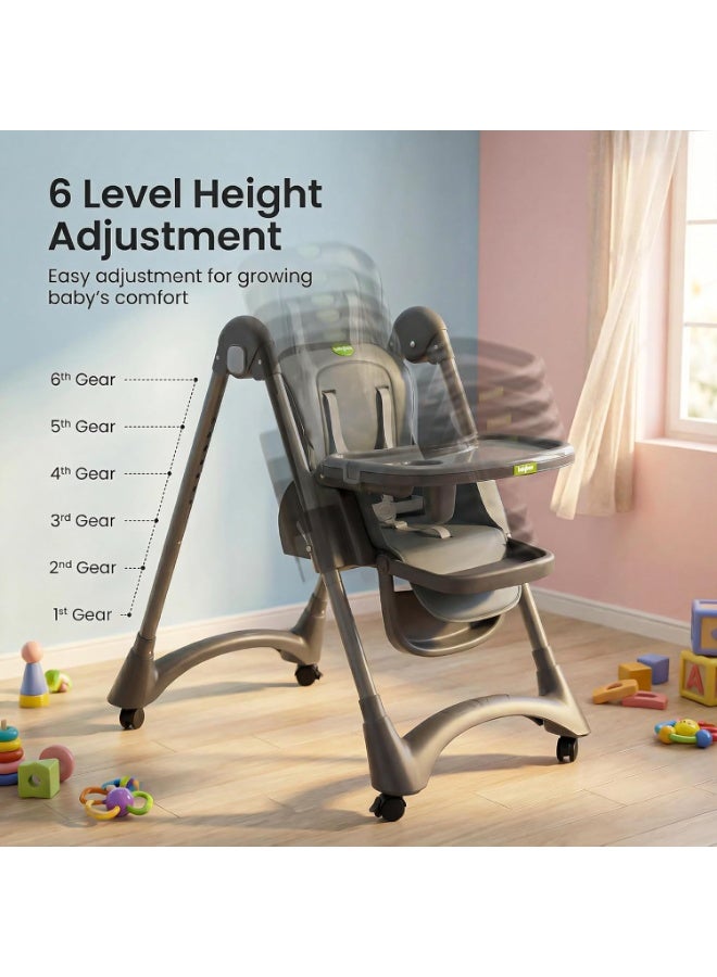BAYBEE Premium Foldable 4 in 1 Kids High Chair for Baby with 6 Level Height Adjustable, Baby Feeding Chair with 3 Position Recline & Adjustable Footrest, 5 Point Safety Belt, |  Baby High Chair for Kids with Removeable Food Tray & Lockable Wheels Grey - Image 3