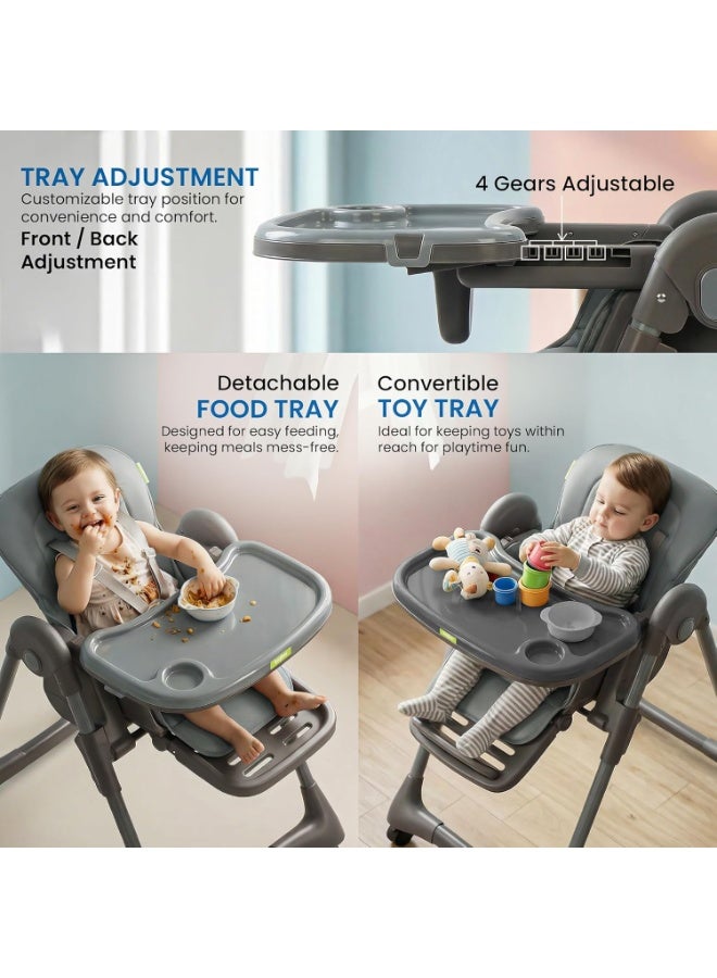 BAYBEE Premium Foldable 4 in 1 Kids High Chair for Baby with 6 Level Height Adjustable, Baby Feeding Chair with 3 Position Recline & Adjustable Footrest, 5 Point Safety Belt, |  Baby High Chair for Kids with Removeable Food Tray & Lockable Wheels Grey - Image 5