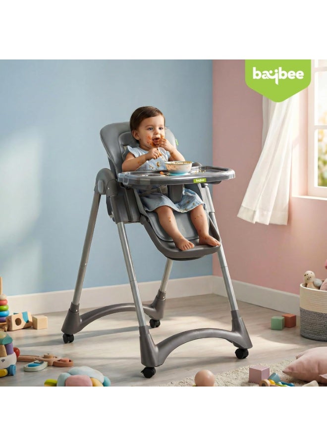 BAYBEE Premium Foldable 4 in 1 Kids High Chair for Baby with 6 Level Height Adjustable, Baby Feeding Chair with 3 Position Recline & Adjustable Footrest, 5 Point Safety Belt, |  Baby High Chair for Kids with Removeable Food Tray & Lockable Wheels Grey - Image 2