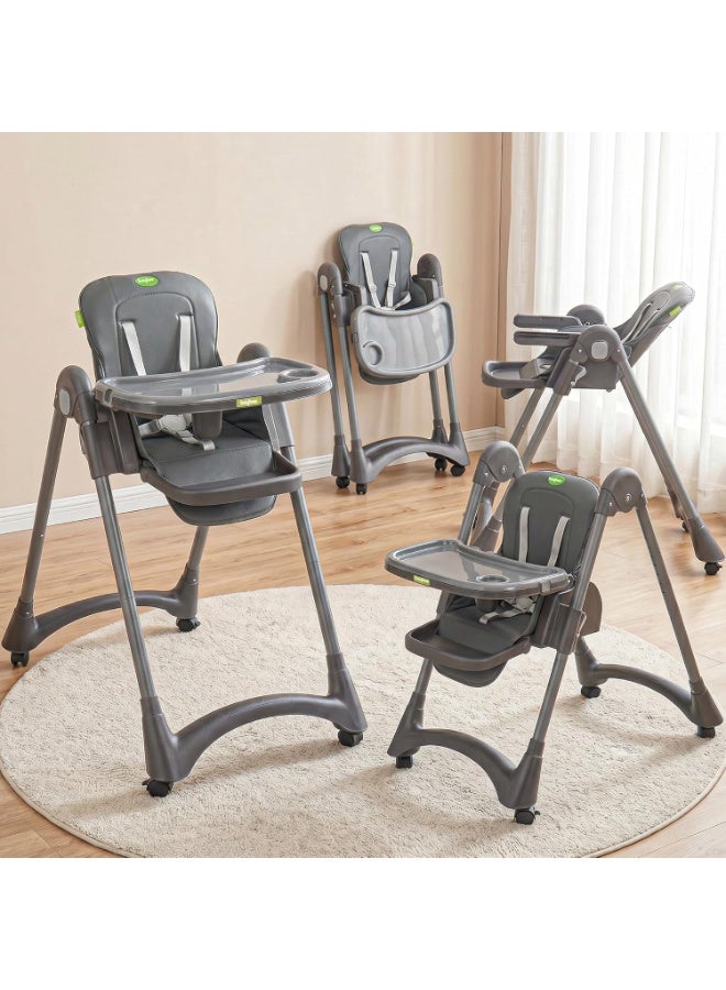 BAYBEE Premium Foldable 4 in 1 Kids High Chair for Baby with 6 Level Height Adjustable, Baby Feeding Chair with 3 Position Recline & Adjustable Footrest, 5 Point Safety Belt, |  Baby High Chair for Kids with Removeable Food Tray & Lockable Wheels Grey - Image 1