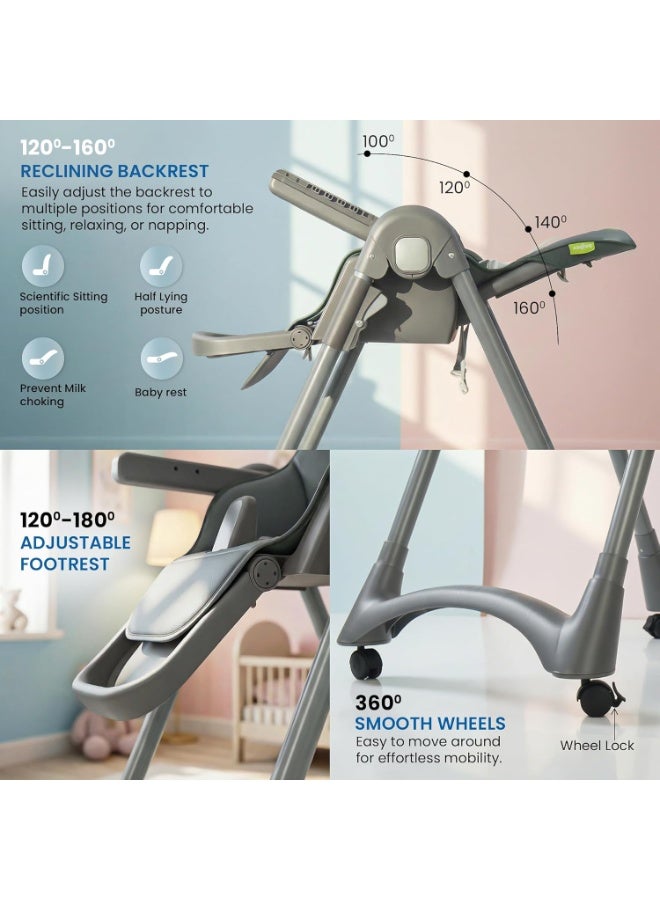 BAYBEE Premium Foldable 4 in 1 Kids High Chair for Baby with 6 Level Height Adjustable, Baby Feeding Chair with 3 Position Recline & Adjustable Footrest, 5 Point Safety Belt, |  Baby High Chair for Kids with Removeable Food Tray & Lockable Wheels Grey - Image 4