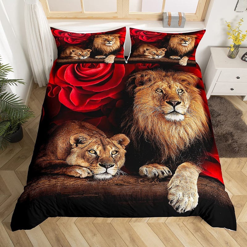 Erosebridal Erosebridal Lion Rose Duvet Cover Sets King Size Animal Floral Print Comforter Cover Nature Theme Design Bedding Set for Kids Youth Adult Modern Brown Lion Quilt Cover Decor Room 