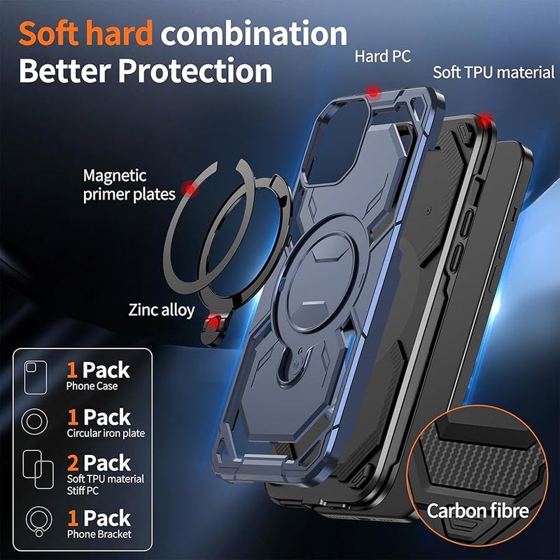 Military Grade Armor Shell Warrior for iPhone 13 & 14 Case with Ring Stand 360°Rotatable, Compatible with MagSafe, Shockproof Military Grade Protection, Magnetic Kickstand Phone Case (Frosted Blue) - Image 2