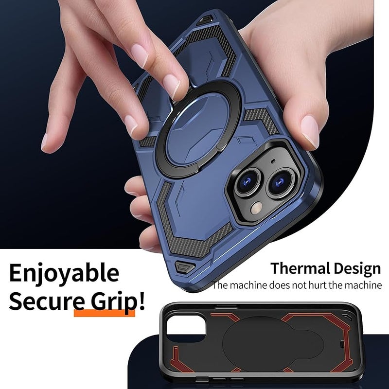 Military Grade Armor Shell Warrior for iPhone 13 & 14 Case with Ring Stand 360°Rotatable, Compatible with MagSafe, Shockproof Military Grade Protection, Magnetic Kickstand Phone Case (Frosted Blue) - Image 4