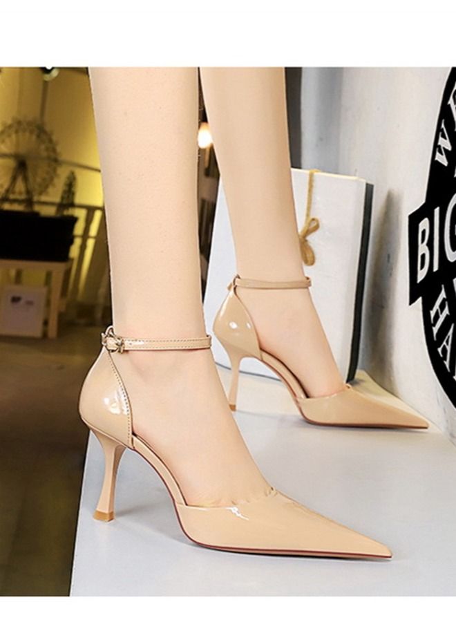 BIGTREE صنادل كعب عالي مع نقطة خط واحد 8CM بيج - Image 3