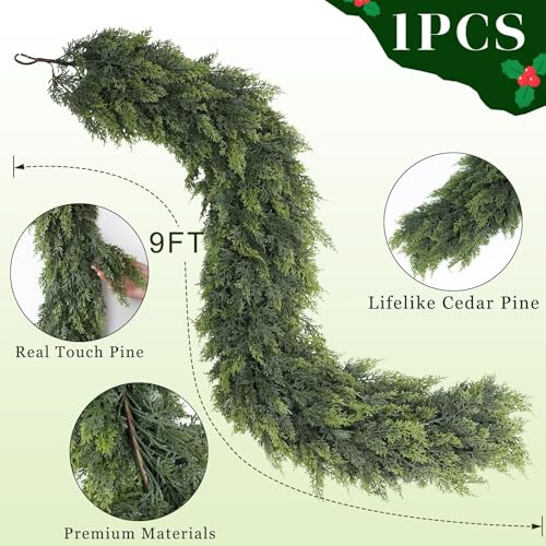 GLIDLION 9FT Real Touch Christmas Cedar Garland - 1PCS, Artificial Pine Needles Garlands Realistic Fake Green Faux Garland for Holiday Fireplace,Table,Window,Stairs,Mante,Indoor Outdoor Decor - Image 5