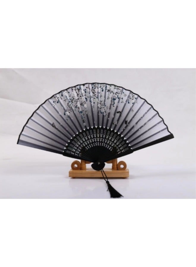 Handheld Portable Fan Simulated Silk Cloth Folding Handheld Fan Women's Hollow Bamboo Handheld Fan Wall Decoration Wedding Party Girl Gift Black - Image 1