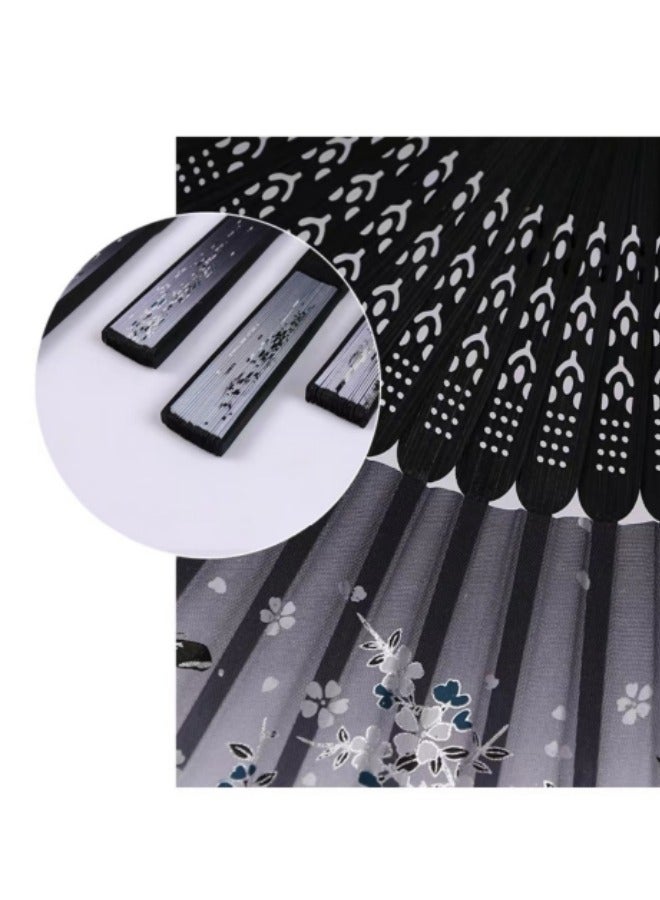 Handheld Portable Fan Simulated Silk Cloth Folding Handheld Fan Women's Hollow Bamboo Handheld Fan Wall Decoration Wedding Party Girl Gift Black - Image 2