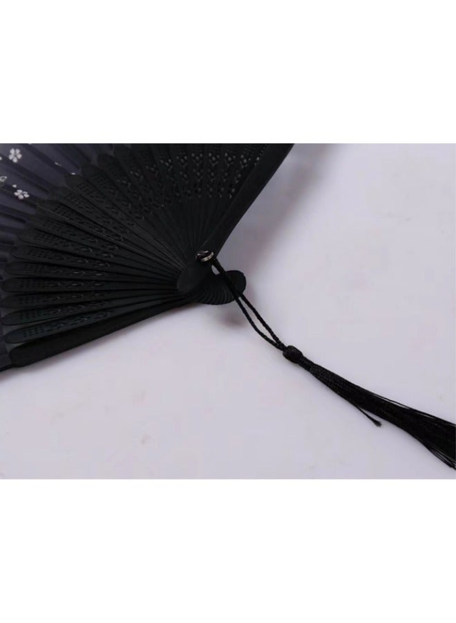 Handheld Portable Fan Simulated Silk Cloth Folding Handheld Fan Women's Hollow Bamboo Handheld Fan Wall Decoration Wedding Party Girl Gift Black - Image 4