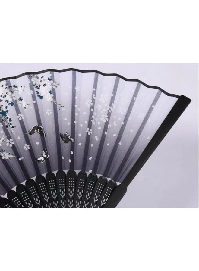 Handheld Portable Fan Simulated Silk Cloth Folding Handheld Fan Women's Hollow Bamboo Handheld Fan Wall Decoration Wedding Party Girl Gift Black - Image 3