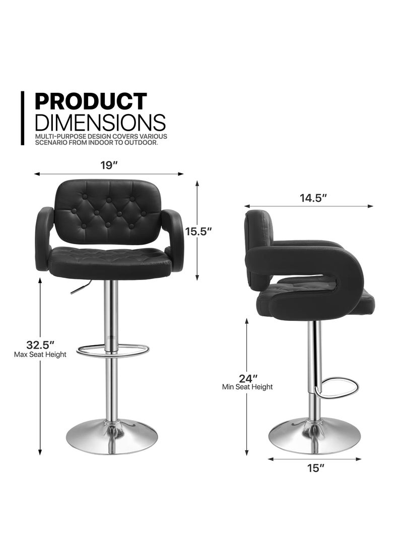 SBF Set of 2 Height Adjustable Bar Stools | PU Leather Swivel Stools with Armrests, Backrest, and Footrest | Hydraulic Chrome Base for Kitchen & Dining, Black