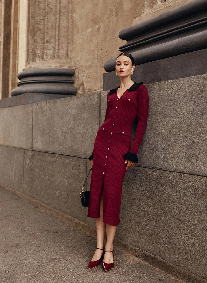 Lichi Jersey midi dress with contrast collar and cuffs