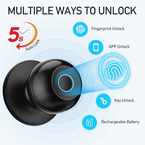 DSJJBLL Fingerprint Door Lock Smart Door Knob with Lock Biometric Door Lock with App Control Key Keyless Door Locks for Bedrooms Front Door Home Finger Print Door Knobs Black 1 Pack - Image 3