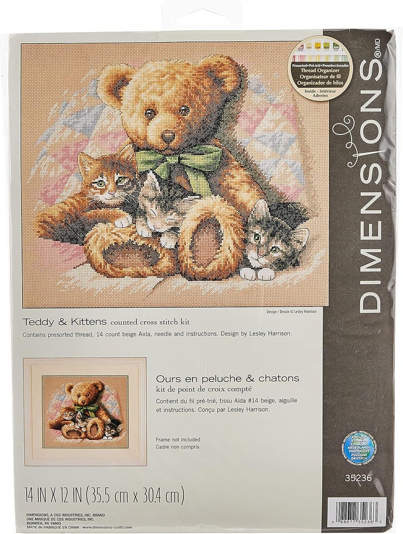 Dimensions 'Teddy & Kittens' Counted Cross Stitch Kit, 14 Count Beige Aida, 14" x 12" - Image 1